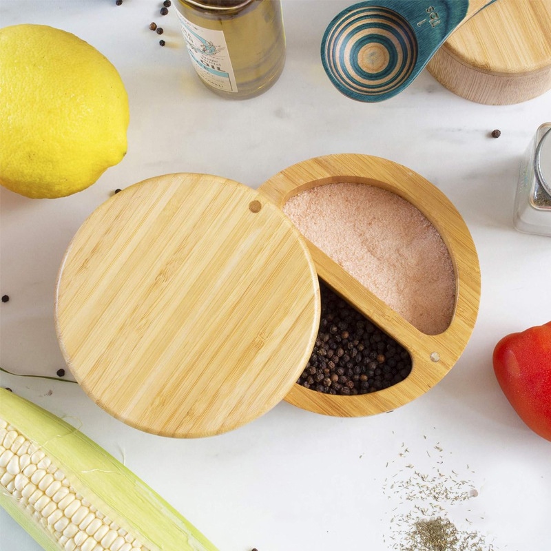 Wooden Round Box Bamboo Salt Cellar Bamboo Storage Box With Magnetic Swivel Lid Bamboo Salt Box 6 Ounce Capacity