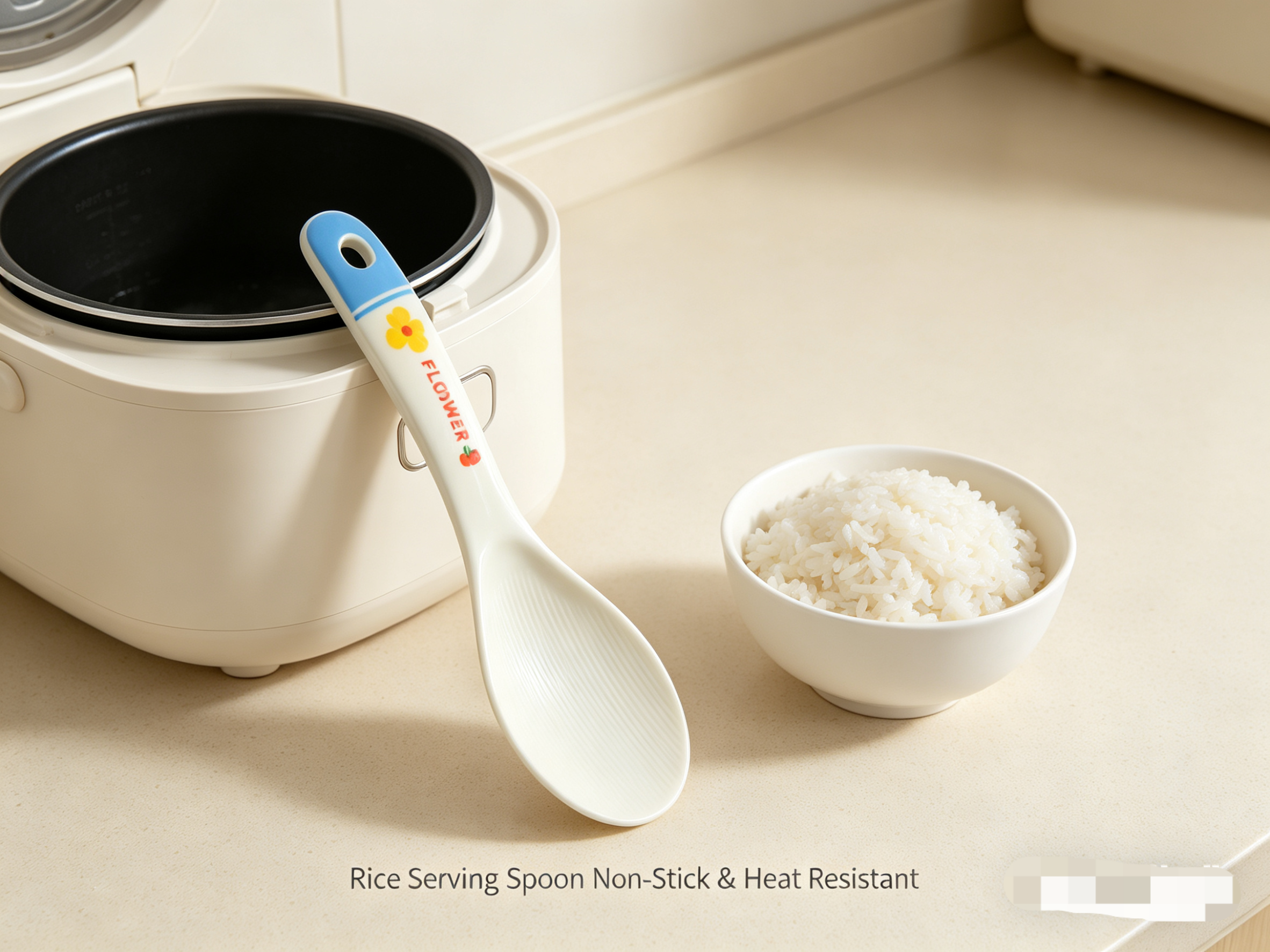White Melamine Rice Paddle with Blue Handle &amp; Floral Print, Easy to Clean
