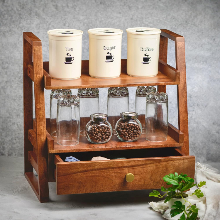 Custom Bamboo Wood Desktop Cosmetic&amp;Seasoning Storage Rack with Drawer Kitchen Spice Rack Organizer Spices Jar Rack Spice Drawer
