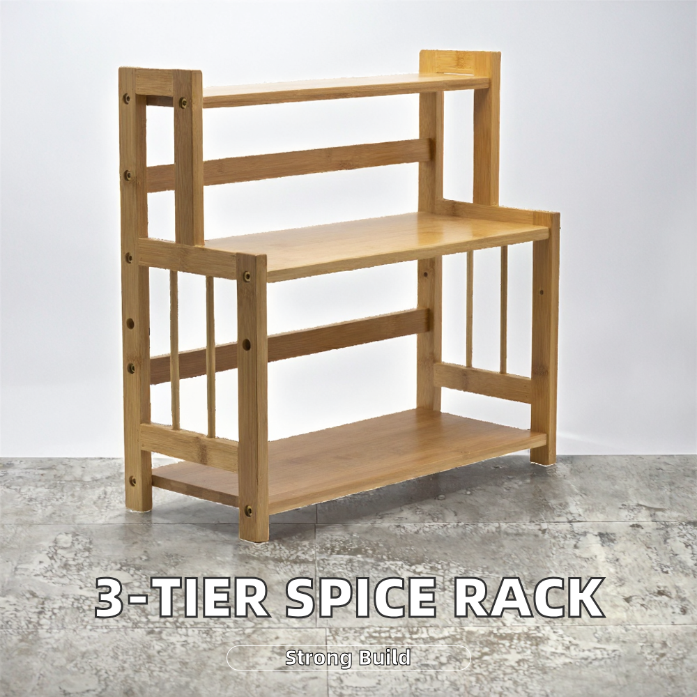 Custom 3-Tier Bamboo Folding Multifunction Spice Rack Standing Pantry Shelf Kitchen Countertop Storage Holder Organizer