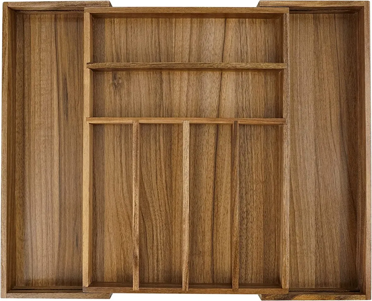 Adjustable and Expandable Acacia Wood Cutlery Tray Cutlery Drawer Organizer