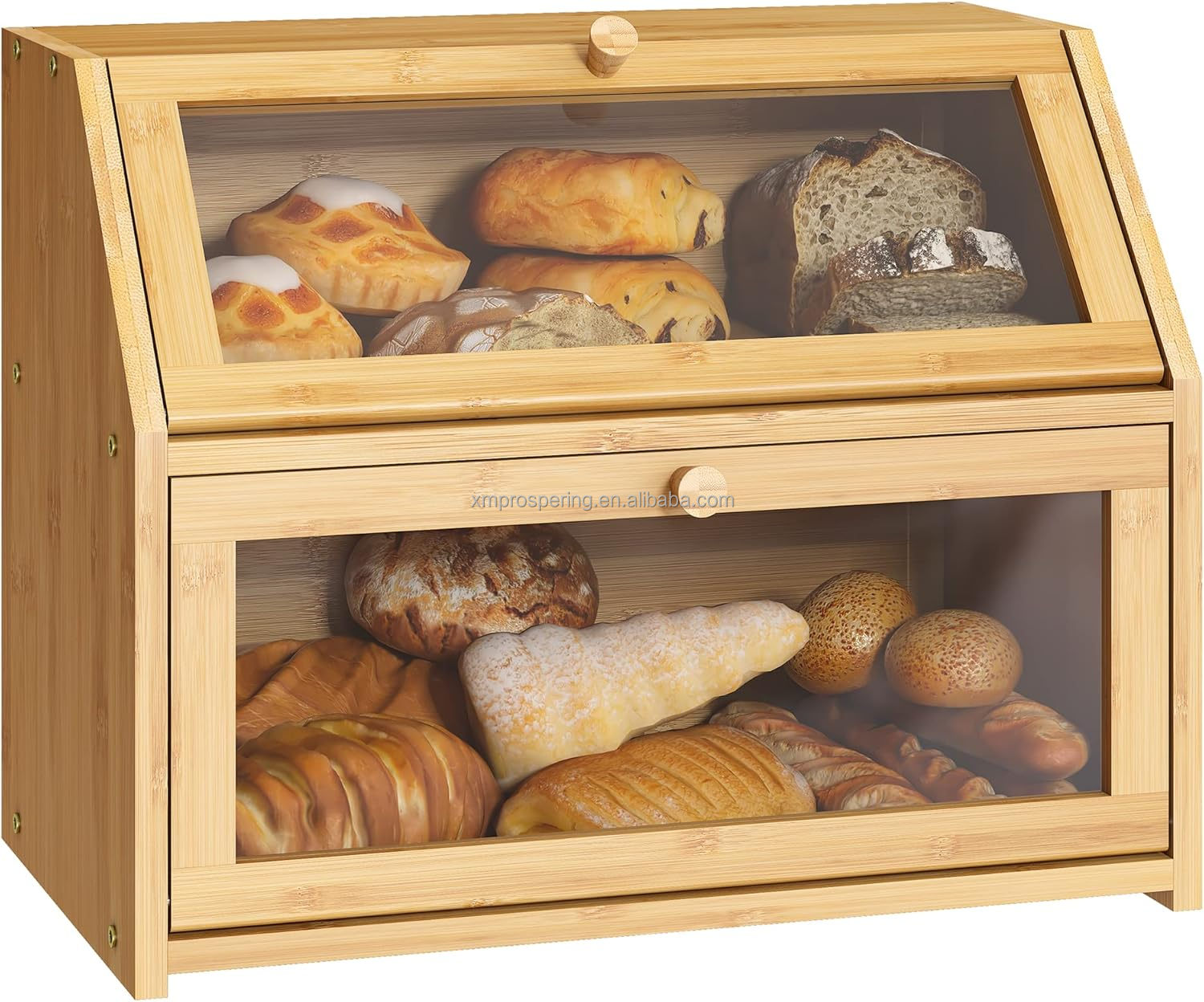 High Capacity 2-Layer Bamboo Bread Box Large Rectangle Wooden Food Storage Bin with Lacquer Technique for Kitchen Counter
