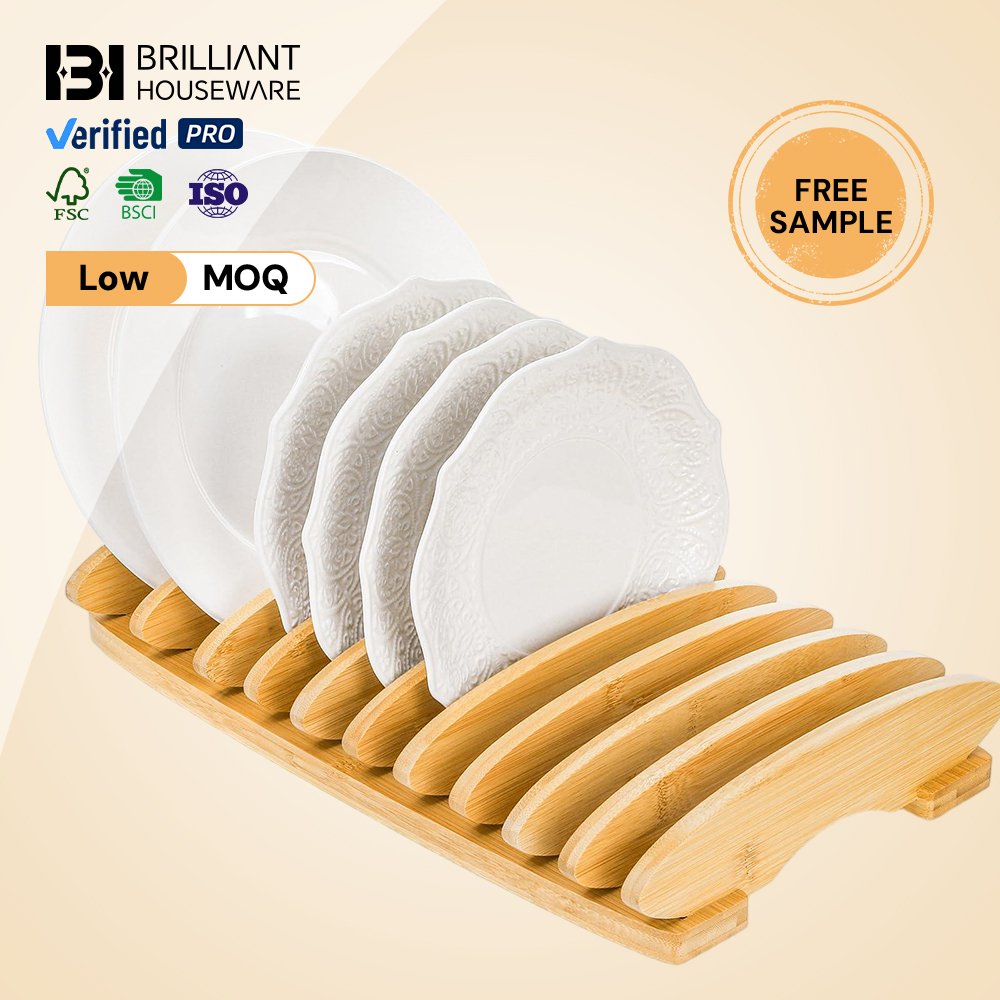 BH 10 Slots Wood Plates Stand Organizer Bamboo Dish Rack for Pot Lids Cutting Board Kitchen Sink