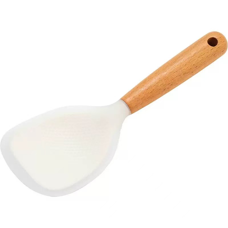 Heat Resistant Silicone Rice Paddle with Wood Handle, Non-Stick Rice Spoon for Cooking, Easy to Clean &amp; Stand up Kitchen Utensil