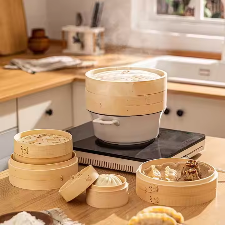 Small Order Chinese Tall 12 Inch Bamboo Vegetalble Steamer Set Wooden Handmade Cooker Yellow With Handle For Dumpling Dim Sum