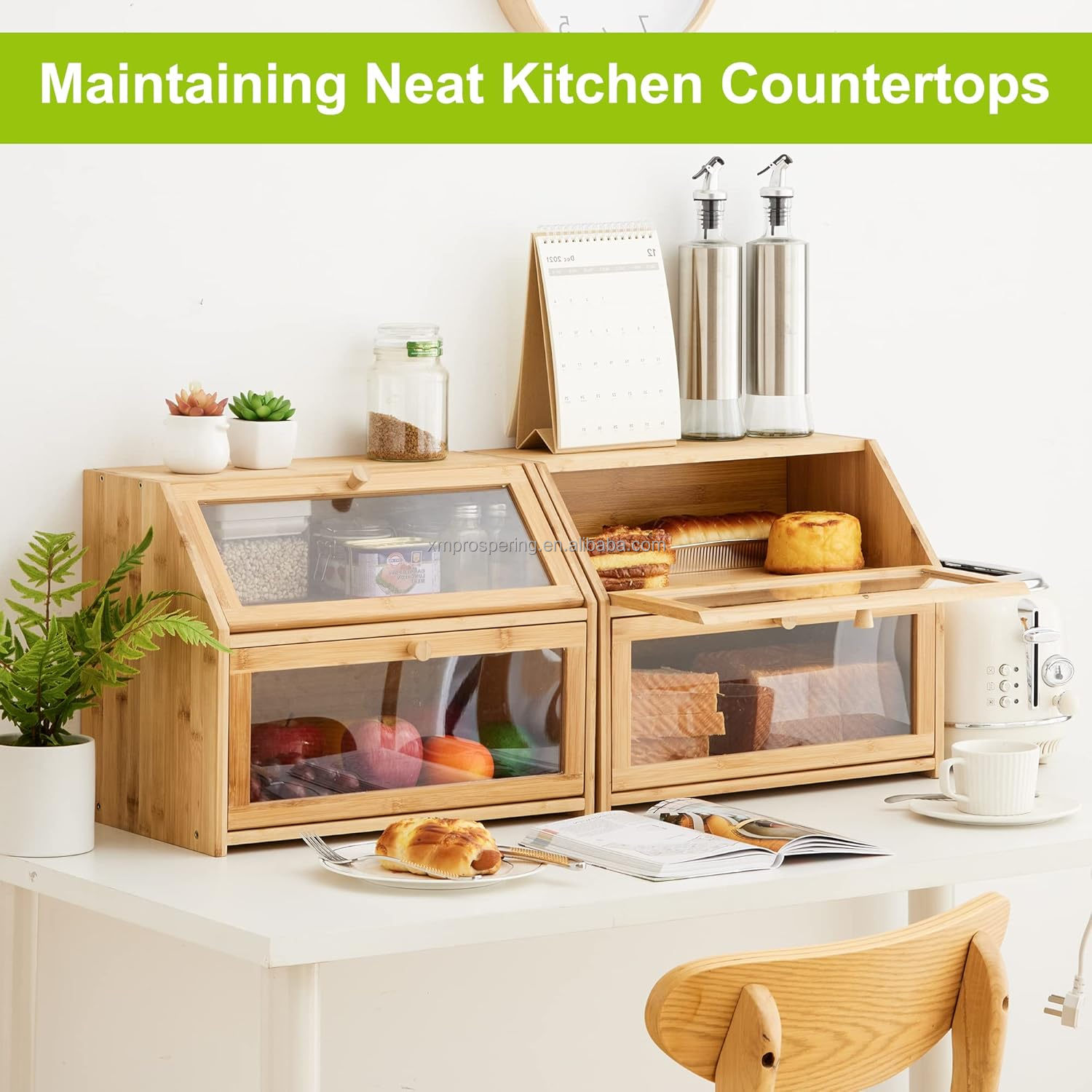 High Capacity 2-Layer Bamboo Bread Box Large Rectangle Wooden Food Storage Bin with Lacquer Technique for Kitchen Counter