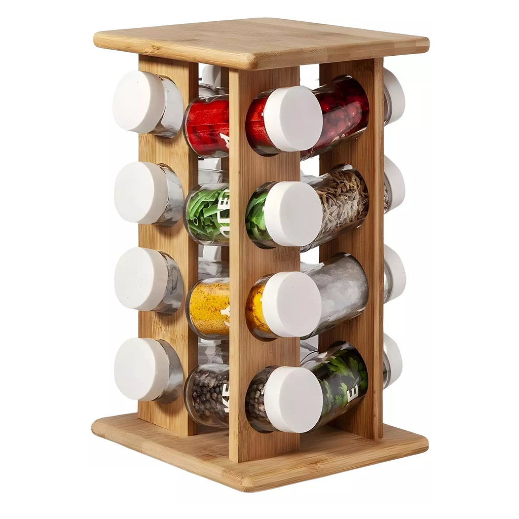 Countertop Square Seasoning Tower Organizer Bamboo Wooden Revolving Spice Rack Sets with 16 Jars