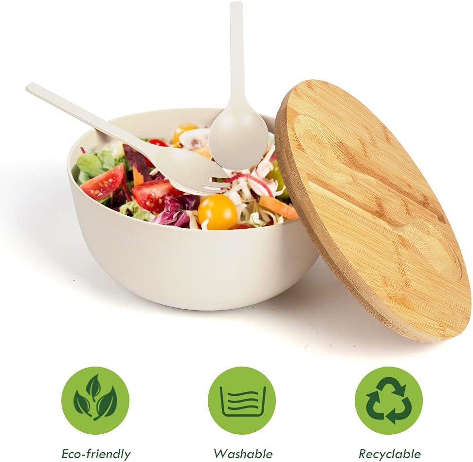 High Quality Bamboo Fiber Salad Serving Bowl Set with Solid Wooden Lid Includes Utensils-Durable Eco-Friendly Bowl Servers