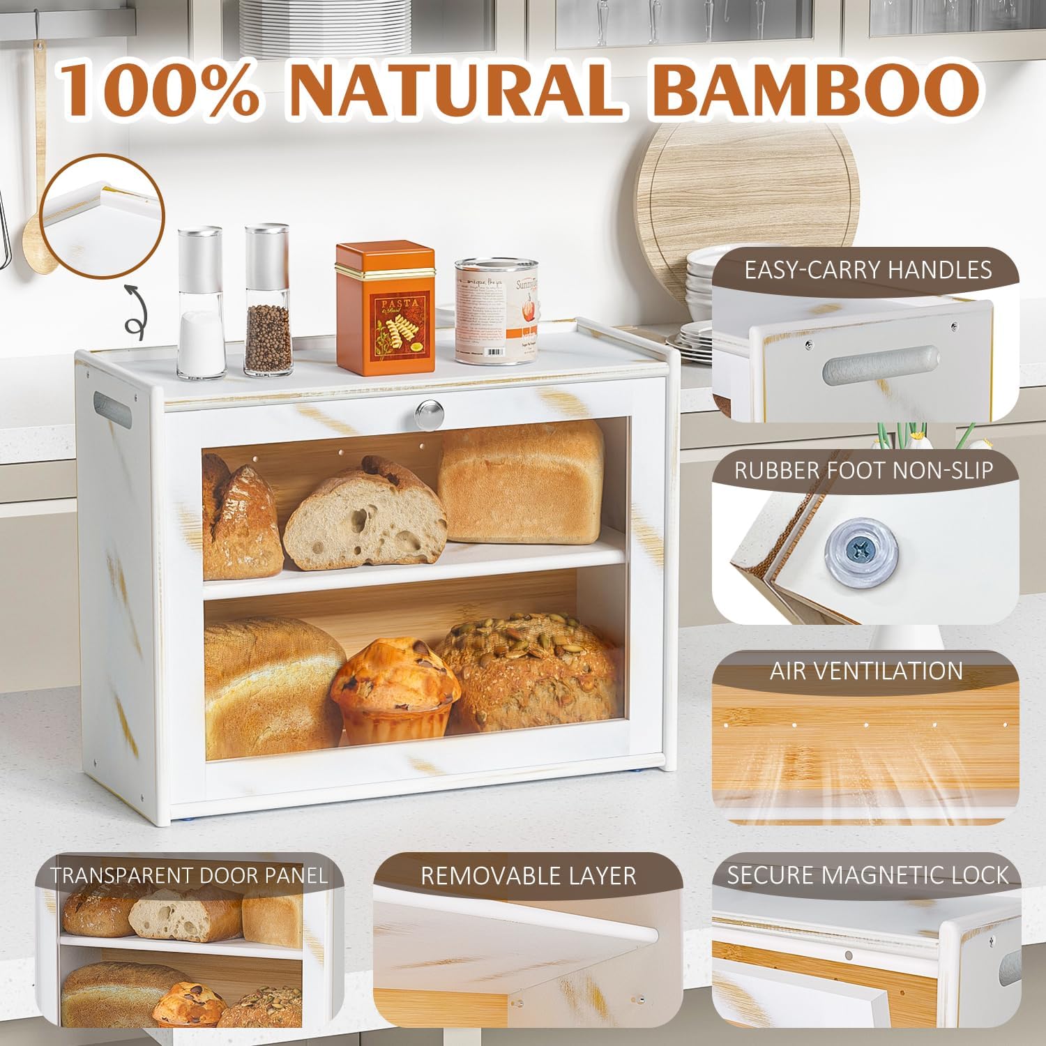 Easy Carry Handle Large Capacity Transparent Door Dual Layer Bamboo Bread Box for Kitchen Countertop Food Storage Container