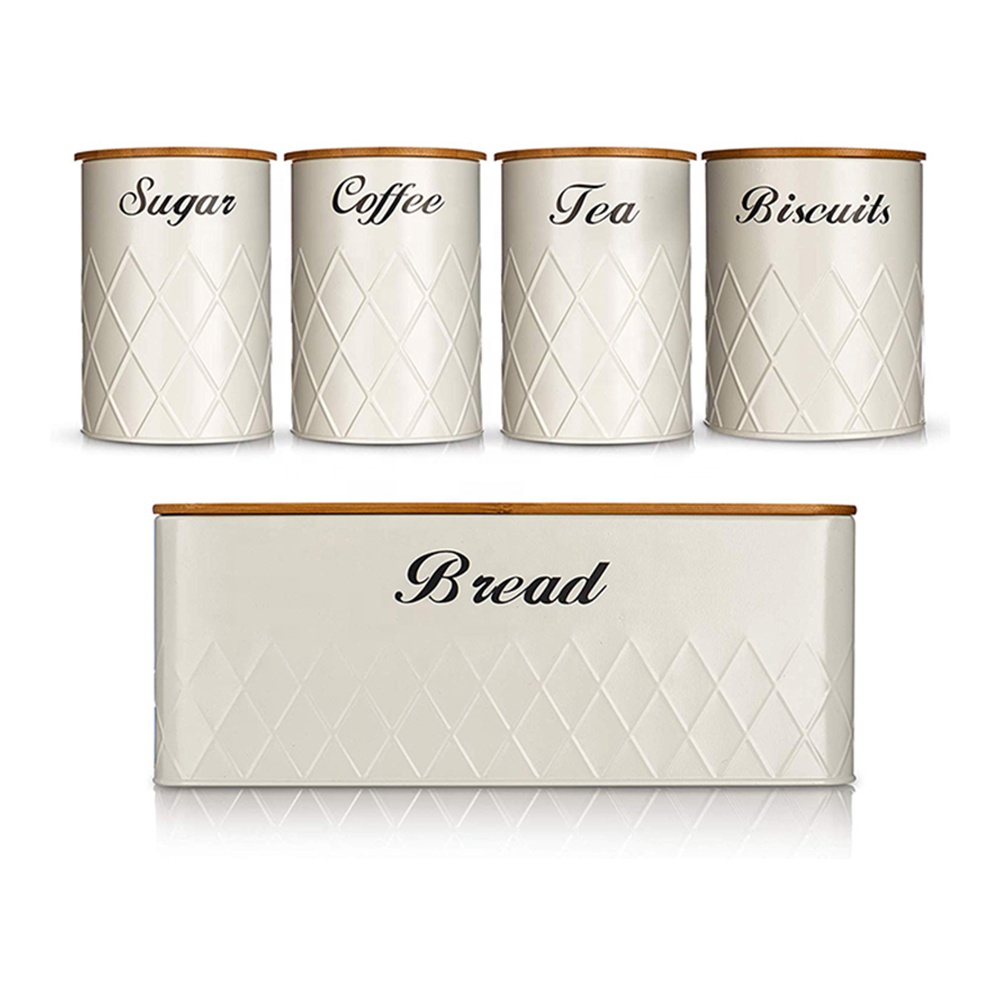 Metal Kitchen Canister Bread Box Bread Bin Tea Sugar Coffee Canister Set With Bamboo Lid Storage Container