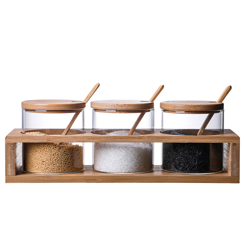 Japanese-Style Transparent Glass Bamboo Wooden Lid Seasoning Jar Dustproof Kitchen Sugar Salt Box for Food Storage Container