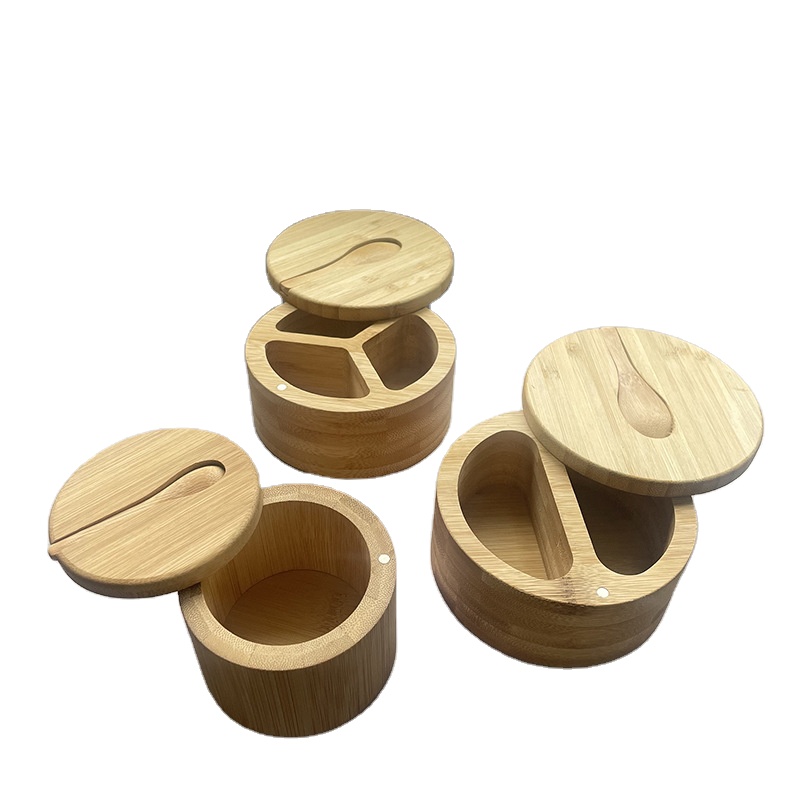 3 Compartment Round Salt Container Bamboo Salt Cellar Kitchen Spice Pepper Seasoning Salt Box with Swivel Magnetic Lid