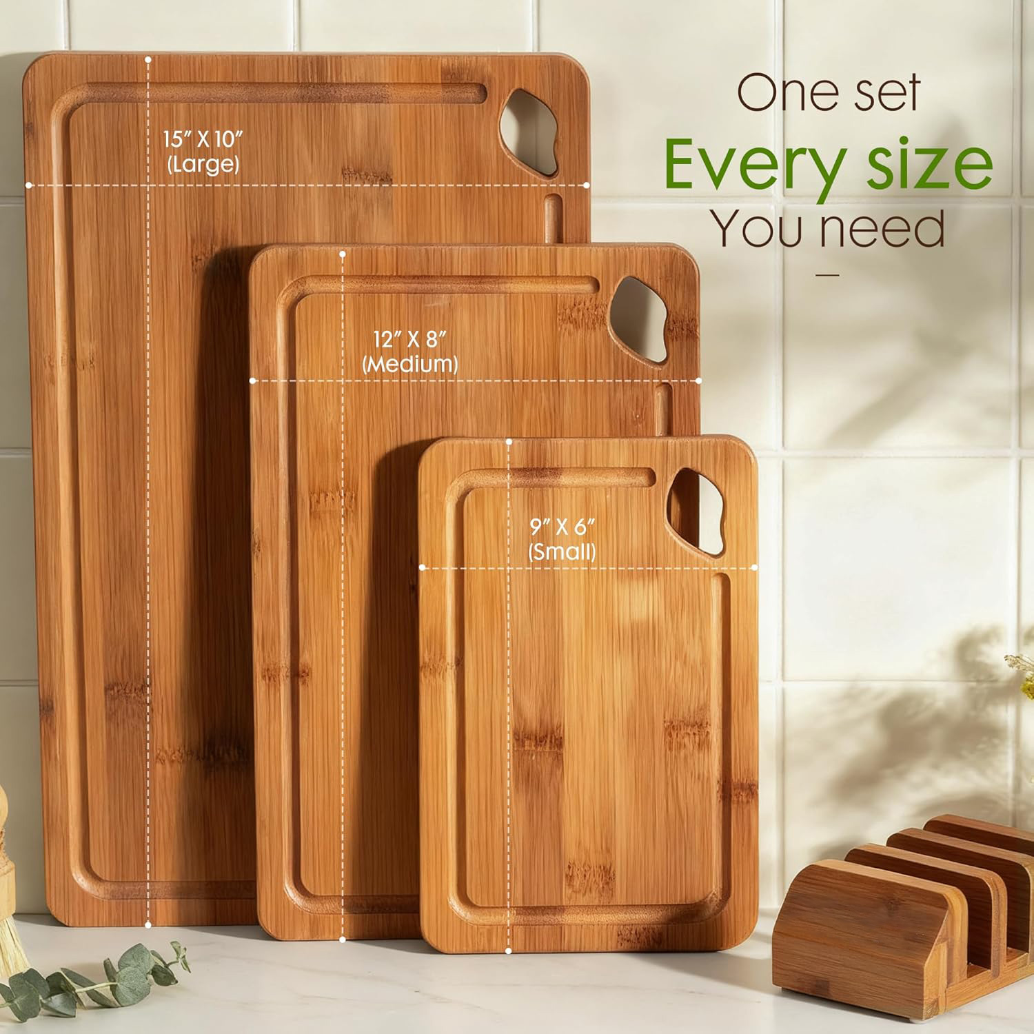 Kitchen Carbonized Bamboo Cutting Boards with Wood Storage Stand Reversible Charcuterie &amp; Chopping Boards with Juice Grooves