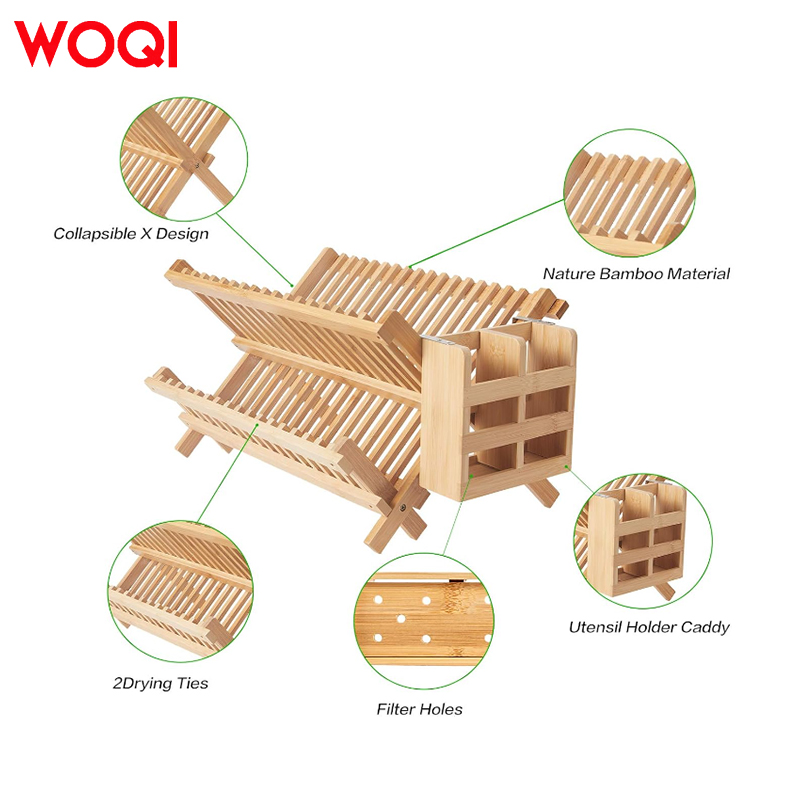 WOQI Bamboo Dish Drying Rack with Utensil Holder for Kitchen Counter, Apartment Essentials Kitchen Plate Holder