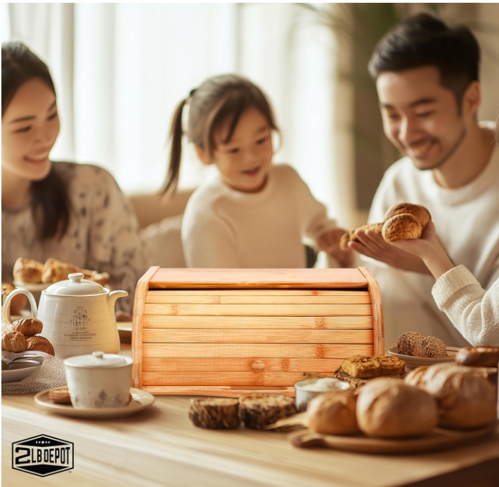 Modern Retro Style Square Bamboo Bread Box Japanese Kitchen Countertop Storage with Tableware Function