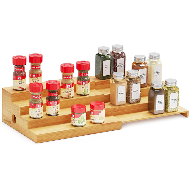 Custom Bamboo Spice Drawer Racks Expandable Organizer for Kitchen Cabinet
