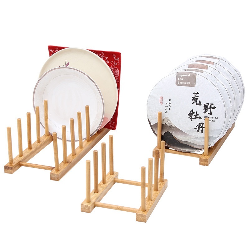 Creative Double-Tiered Bamboo Dish Rack Simple Kitchen and Supermarket Display for Dinnerware and Cup Holder