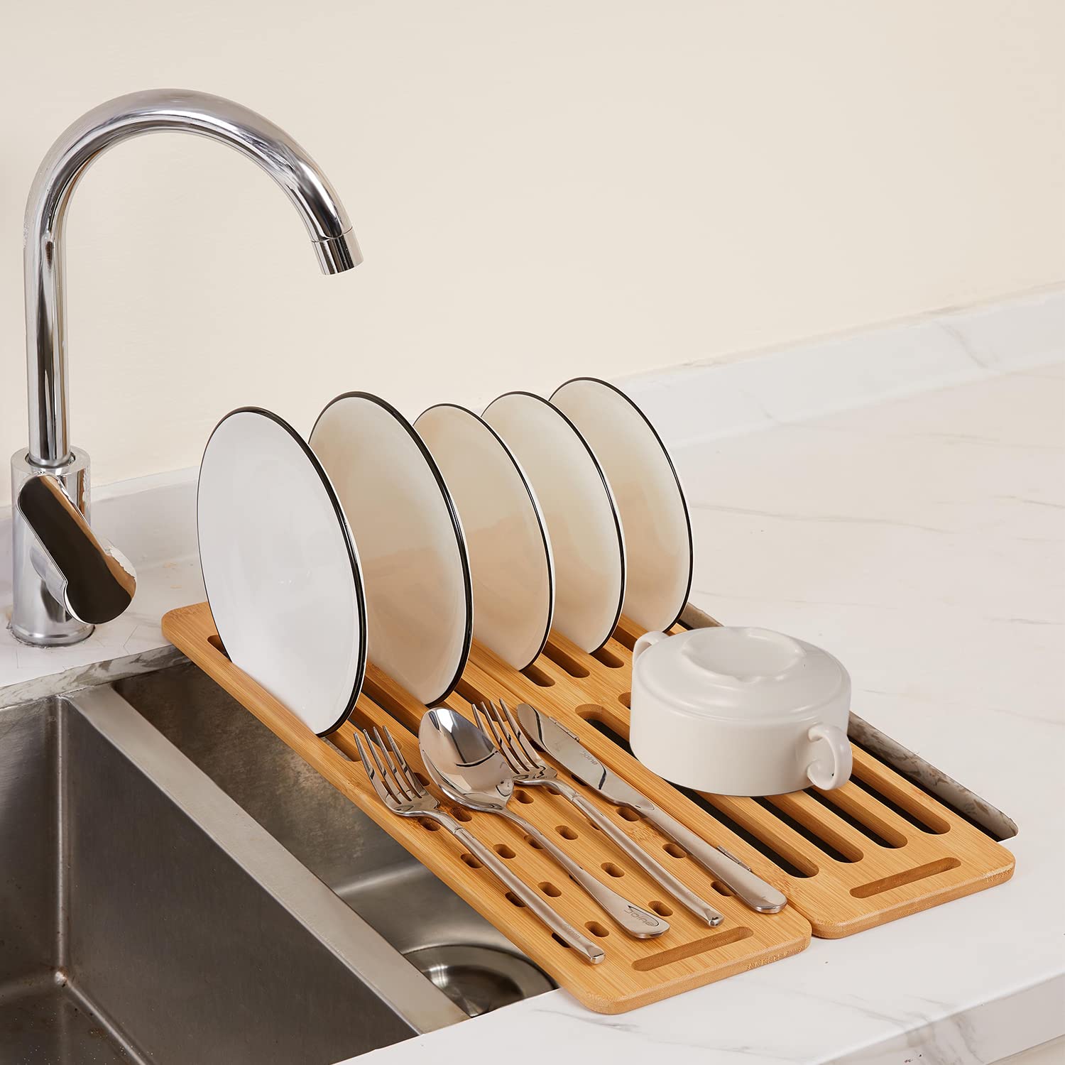 Custom Foldable Bamboo Dish Drying Rack Drainer Multipurpose Kitchen Accessories for Dish and Bowl
