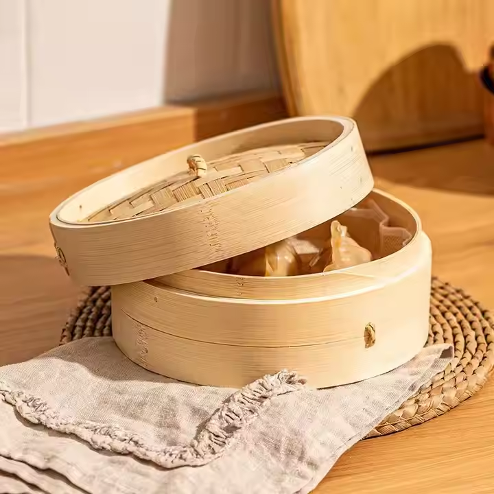 Small Order Chinese Tall 12 Inch Bamboo Vegetalble Steamer Set Wooden Handmade Cooker Yellow With Handle For Dumpling Dim Sum