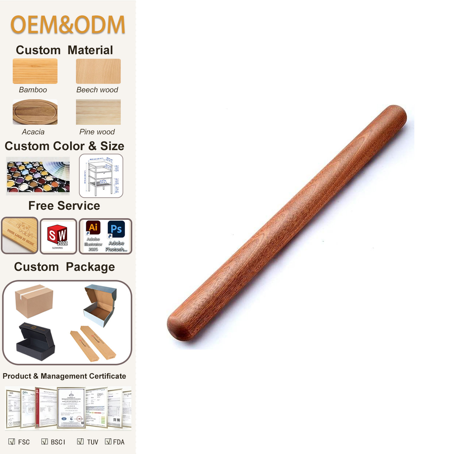 SINCERE 7.9 Inch Brown Bamboo Rolling Pin Extra Long Thick Classic Wooden Dough Roller Pastry Boards for Fondant Pie Pastry