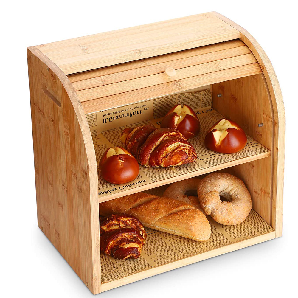 Natural Bamboo Bread Box Bin 2 Layer Storage Holder Countertop Self Assembly