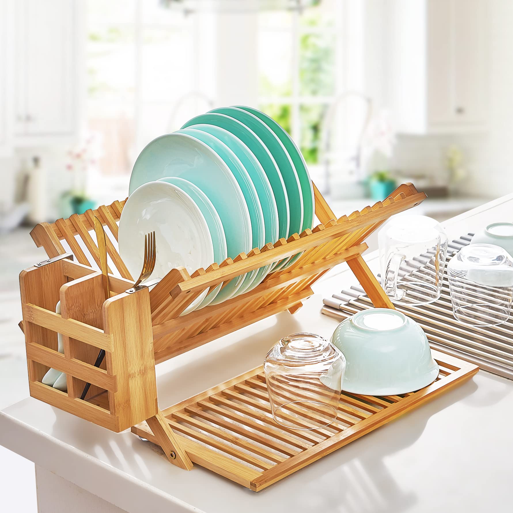 Large Collapsible Bamboo Dish Drying Rack with Utensil Holder Over Sink Kitchen Folding Dish Rack with Tools Use