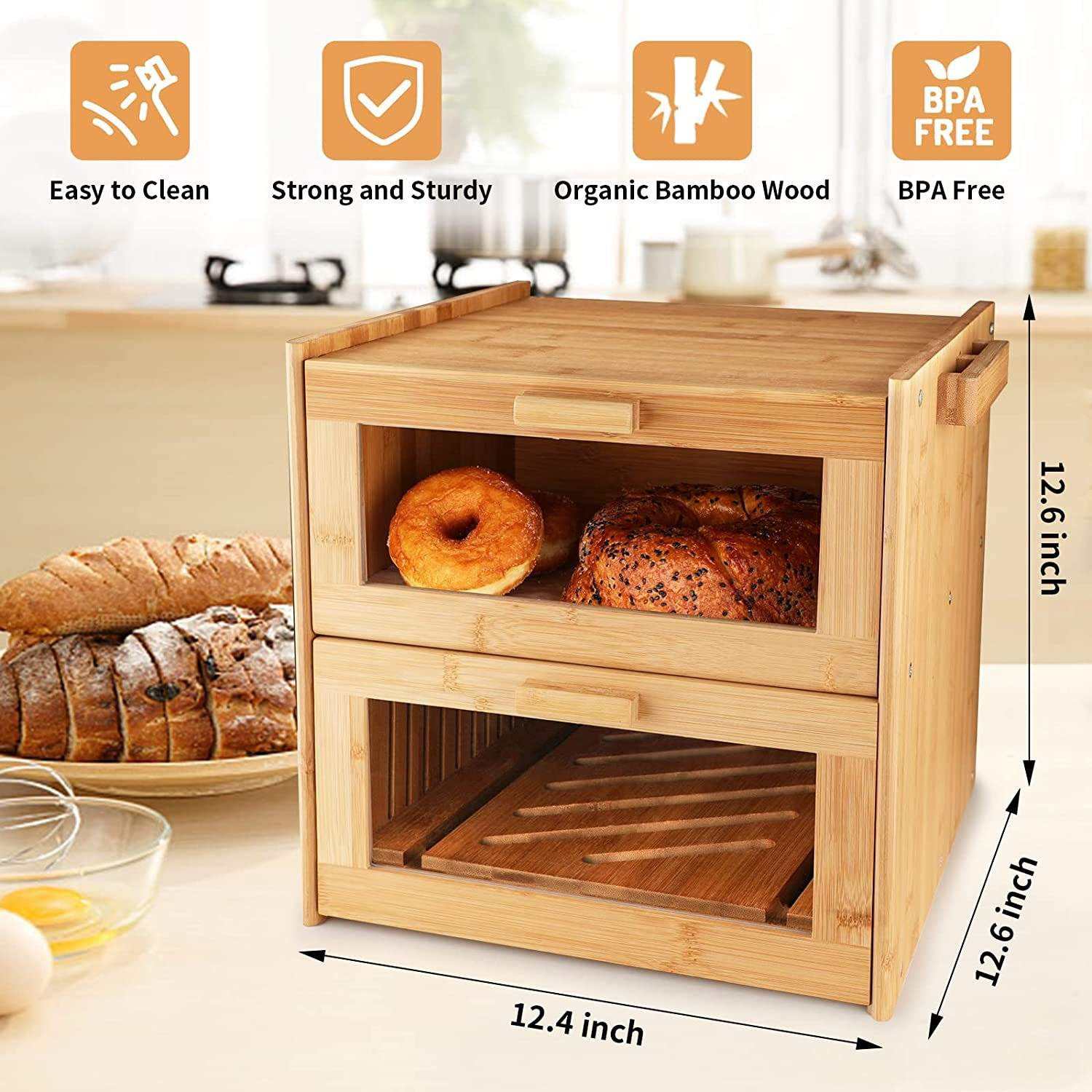 Personalization 2-in-1 Bamboo Bread Box With Built-in Large Storage Bin Bread Slicer Kitchen Bread Storage Container