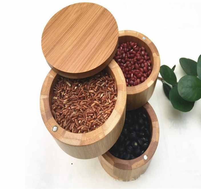 2025 Hot Sale Bamboo Salt Cellar High Quality and Food Safe 3-Tier Bamboo Spice Box for Kitchen Use