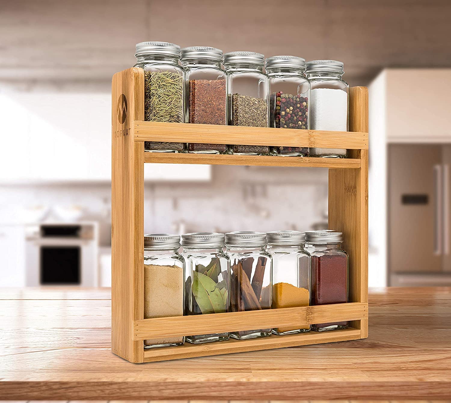 Bamboo Wood Three-Layer Foldable Standing Type Spice Rack for Kitchen