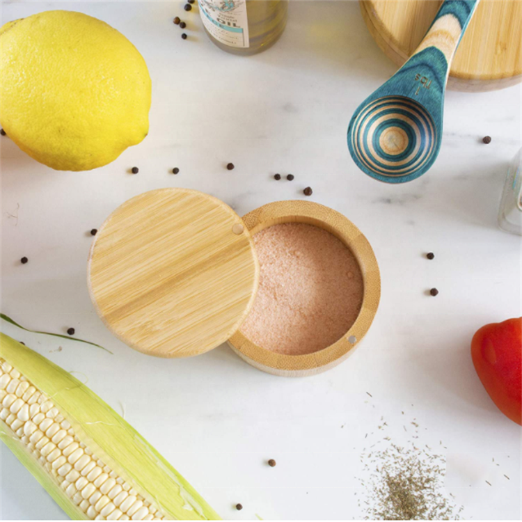 Hot Sell Wooden Round Box Bamboo Salt Cellar Bamboo Storage Box With Magnetic Swivel Lid Bamboo Wood Slat Box 6 Ounce Capacity