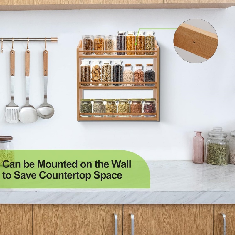 Modern 3-Tier Bamboo Spice Rack Seasoning Jars Organizer Storage Holder for Kitchen Counter or Wall Mounting