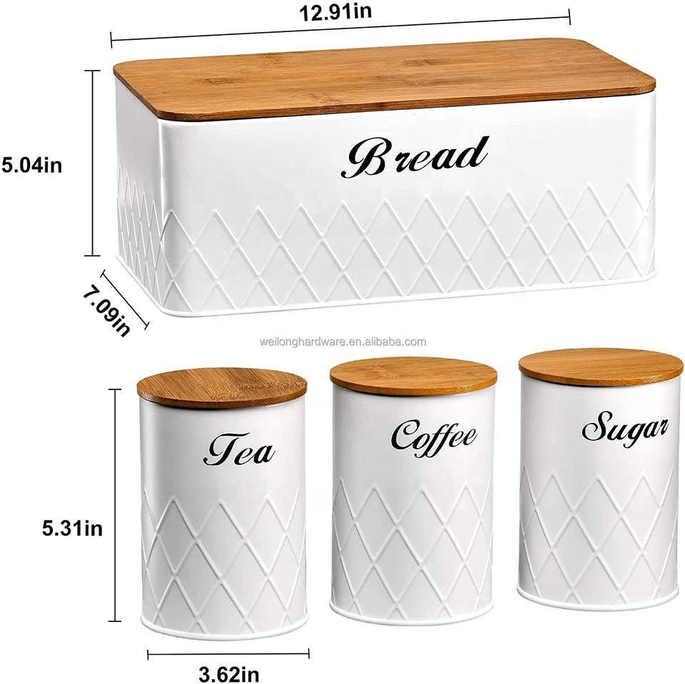 Metal Kitchen Canister Bread Box Bread Bin Tea Sugar Coffee Canister Set With Bamboo Lid Storage Container