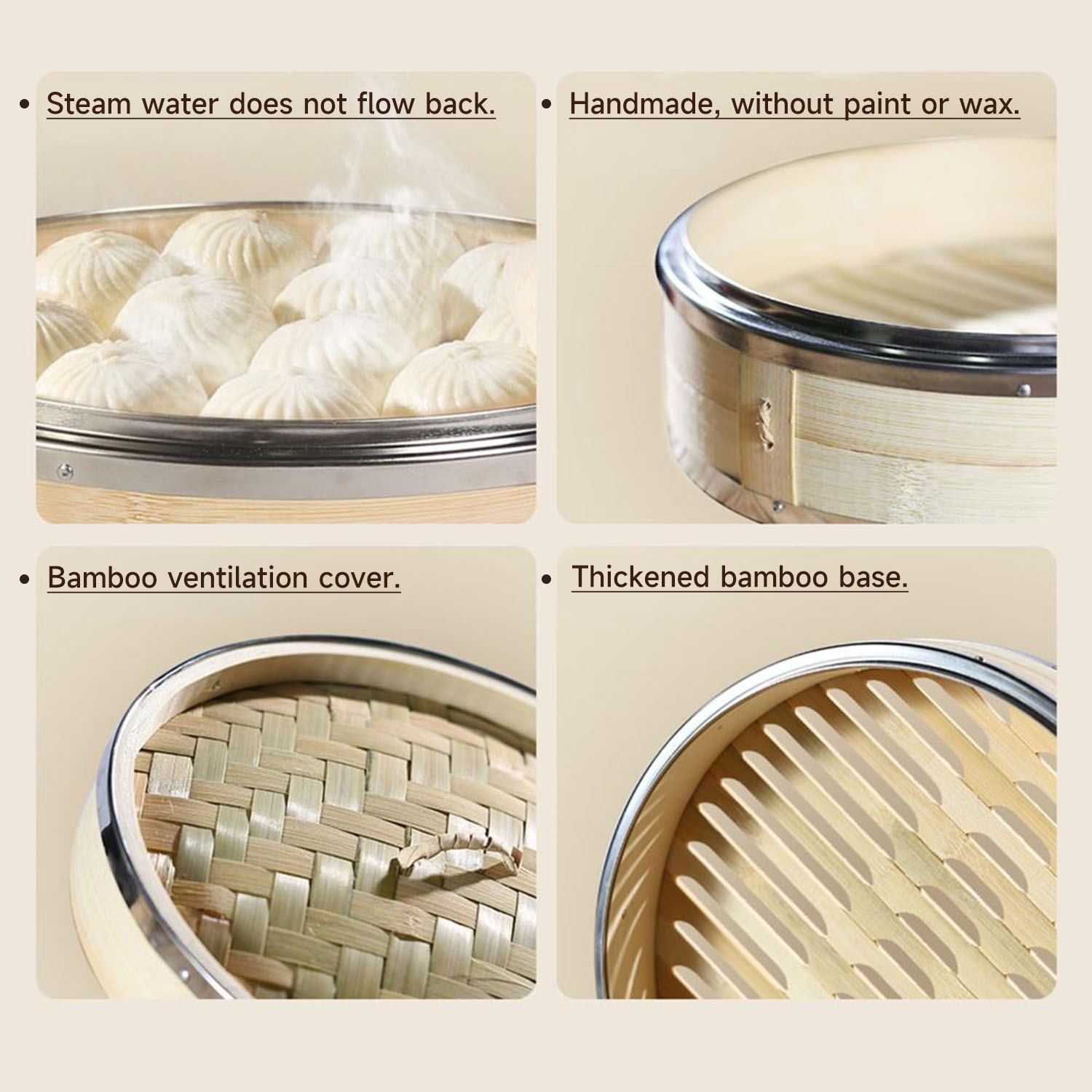 JUSEN Handcrafted Chinese Bamboo Steamer Basket with Stainless Steel Ring for Dim Sum Soup Dumpling Cooking Wood Steamer