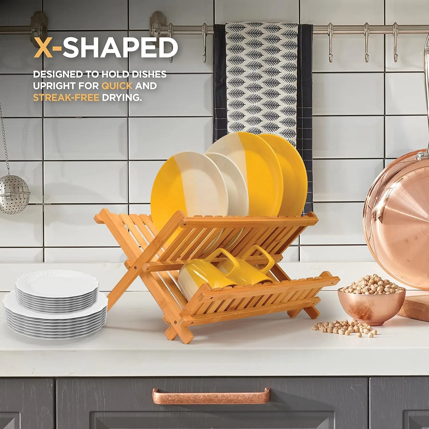 Foldable Bamboo Dish Drying Rack with X Shape Design for Efficient Upright Plate and Cup Draining in Modern Kitchen Spaces