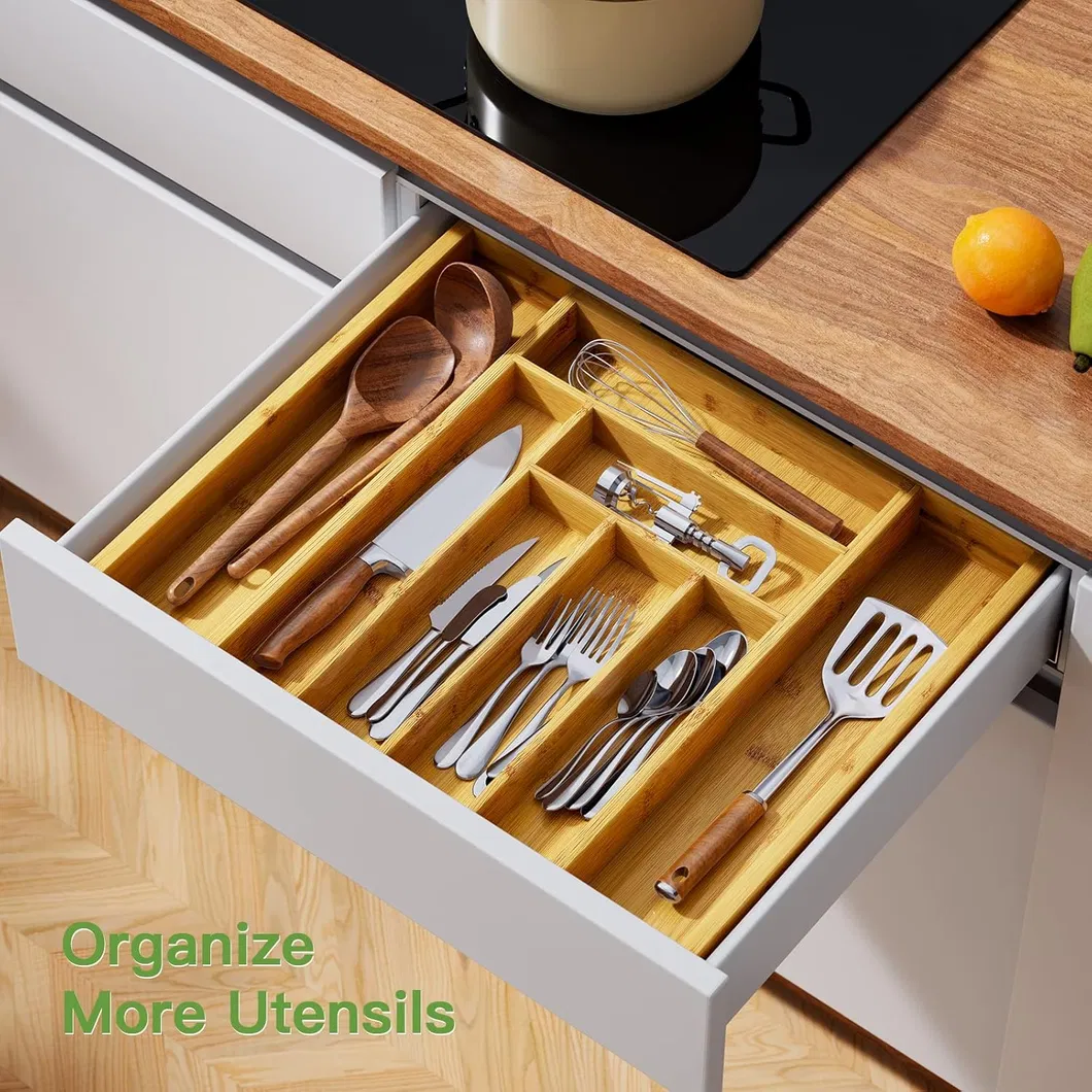 Bamboo Expandable Drawer Organizer for Utensils Holder, Adjustable Cutlery Tray