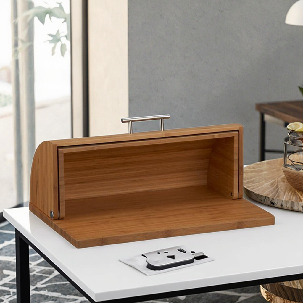 Modern Bamboo Wooden Roll Top Bread Box Portable Counter Organizer for Kitchen Storage Freshness Preservation for Bakery Use