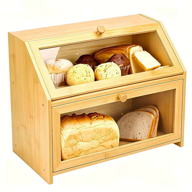 2 Layer Bamboo Bread Box with Clear Windows Large-Capacity Food Storage Container bamboo fiber bread box