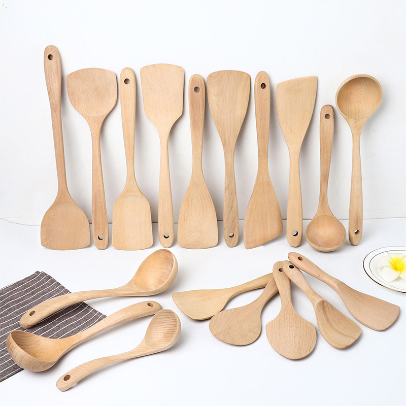Eco friendly Handmade Flat Long Handle Kitchen Tool Bamboo Slotted Spoon Scraper Cooking Spatula Wok Shovels Turners