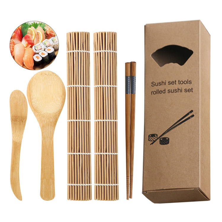 Home Kitchen 5 in 1 Bamboo Sushi Mats Rice Paddle Spreader Chopsticks Sushi Making Kit with Cloth Bag