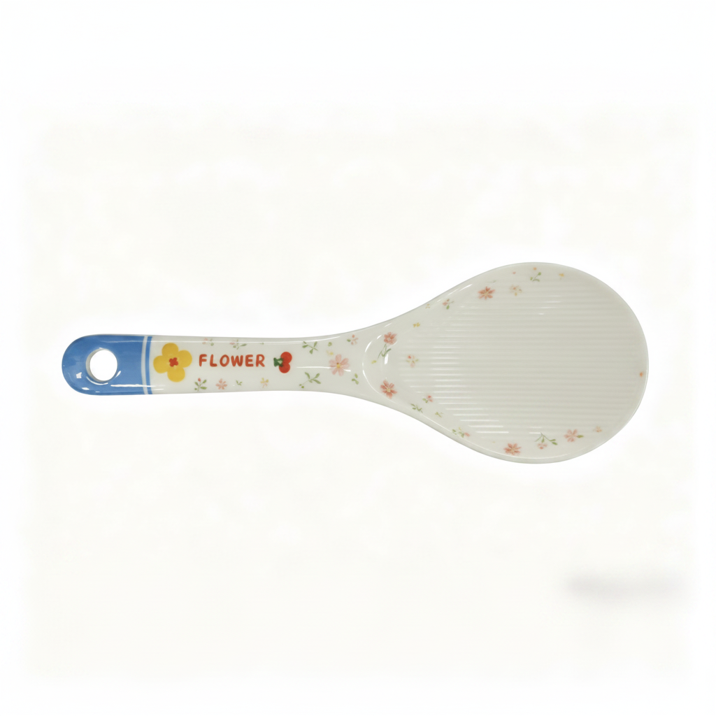 White Melamine Rice Paddle with Blue Handle &amp; Floral Print, Easy to Clean