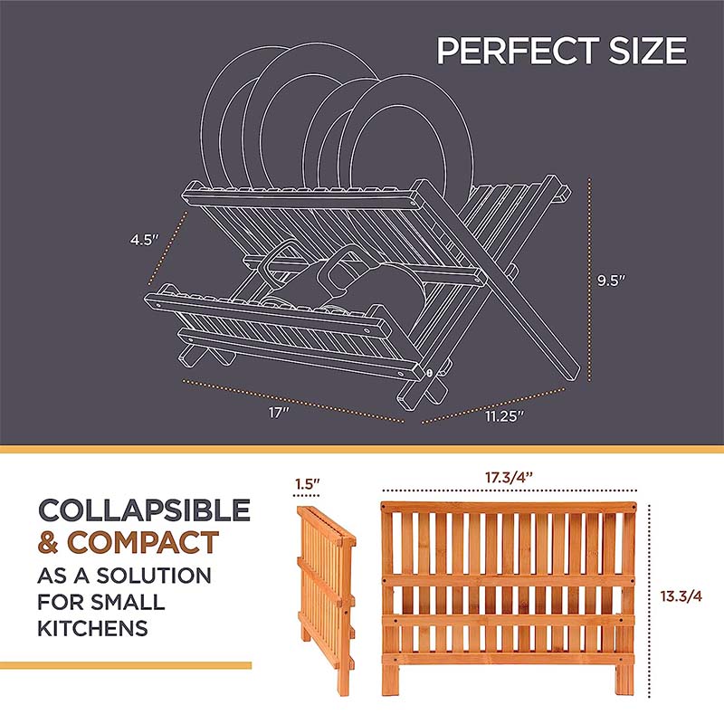 Foldable 2-layer Bamboo Dish Drying Rack, Kitchen Dish Storage Rack Suitable for Kitchen Tabletop to Save Space