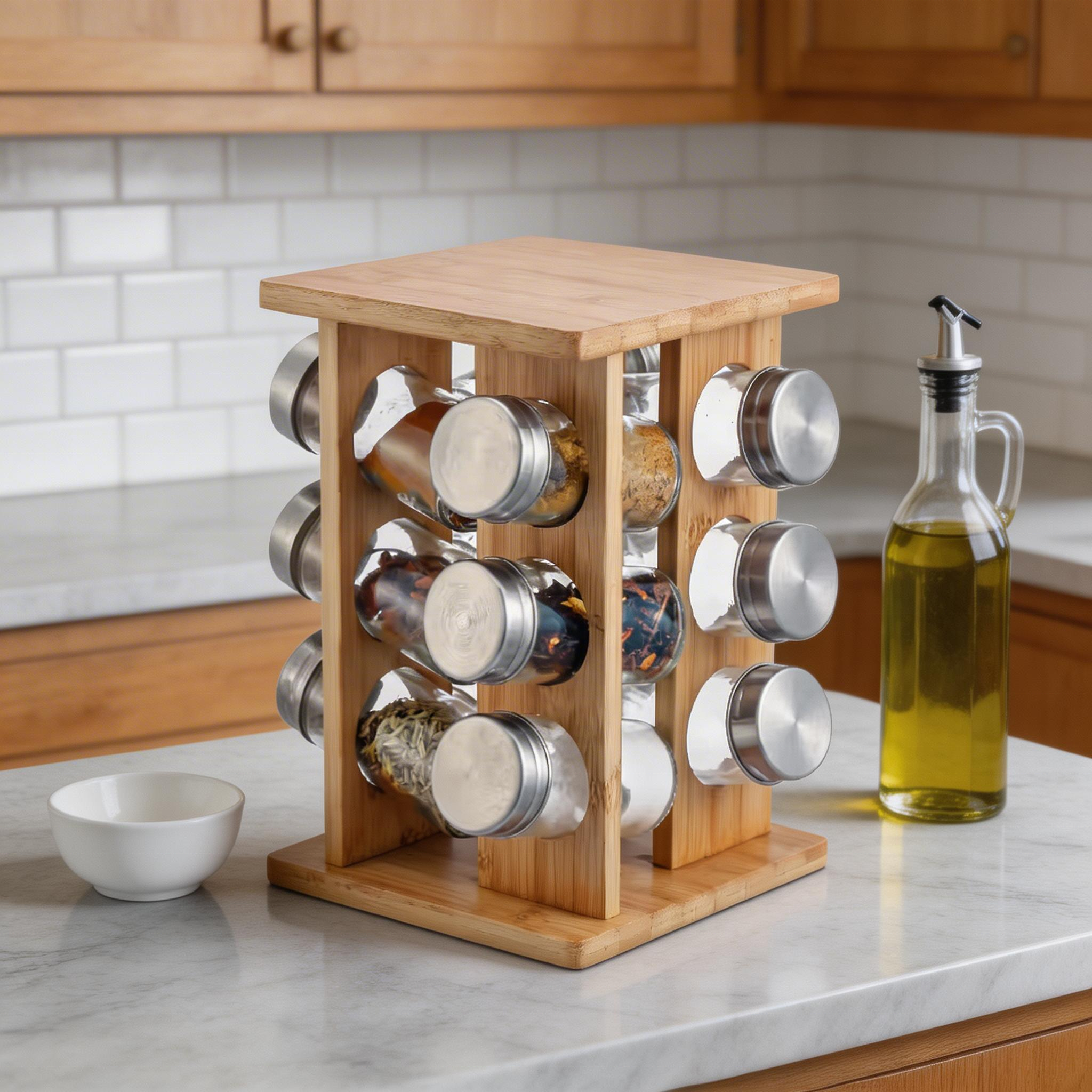 Free-standing Contemporary Round Bamboo Spice Rack with Swivel Base Eco-Friendly and Durable Kitchen Countertop Organizer