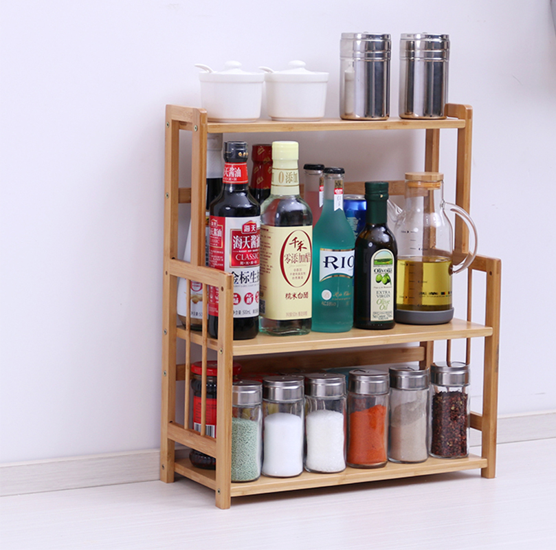 Custom Countertop Standing Bamboo Wooden 2 Tier Spice Rack Storage Shelves Holder for Kitchen