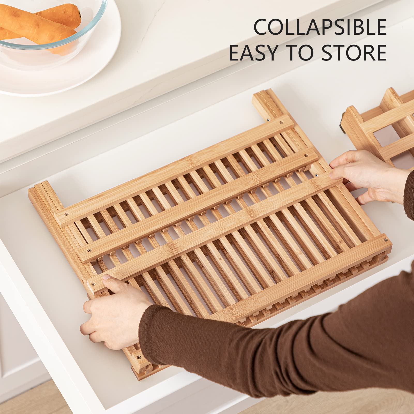 Folding Bamboo Standing Type Double Tier Dish Drying Rack Utensil Holder Home Cabinet Storage Foldable Bowl Plate Organizer