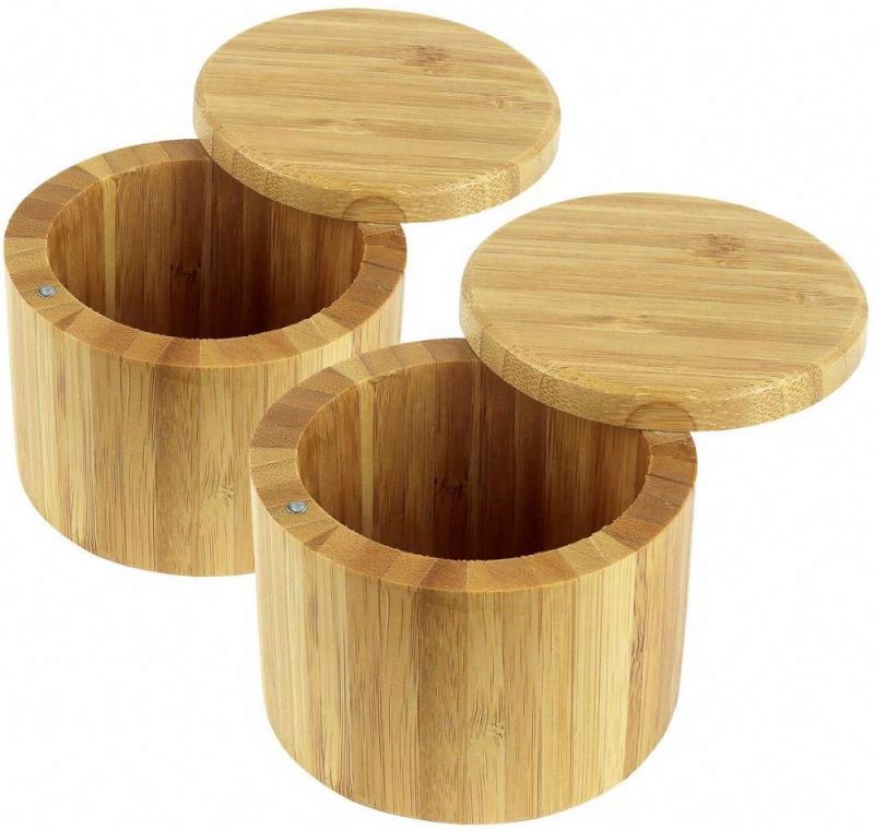 Kitchen Salt and Pepper Shaker, Small Round Bamboo Salt Cella Storage Box with Magnetic Swivel