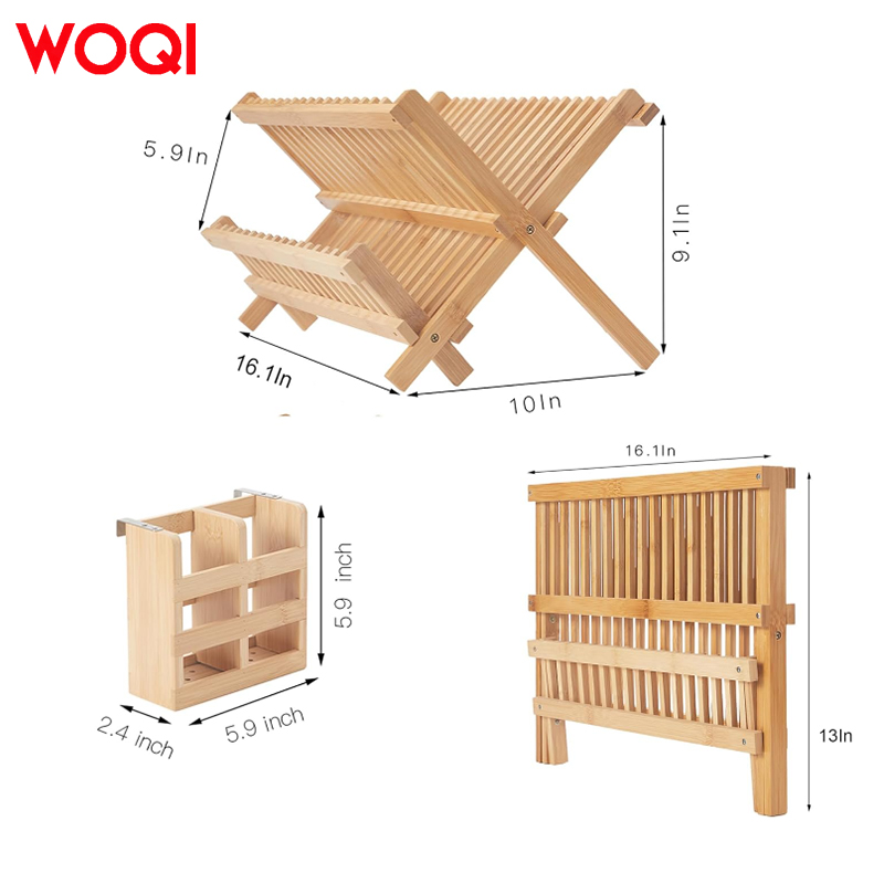 WOQI Bamboo Dish Drying Rack with Utensil Holder for Kitchen Counter, Apartment Essentials Kitchen Plate Holder