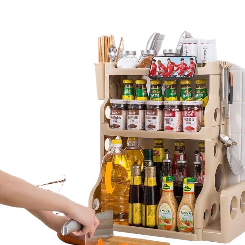 Bamboo Double Tier Non-Folding Floor Kitchen Spice Storage Rack for Utensils and Knives