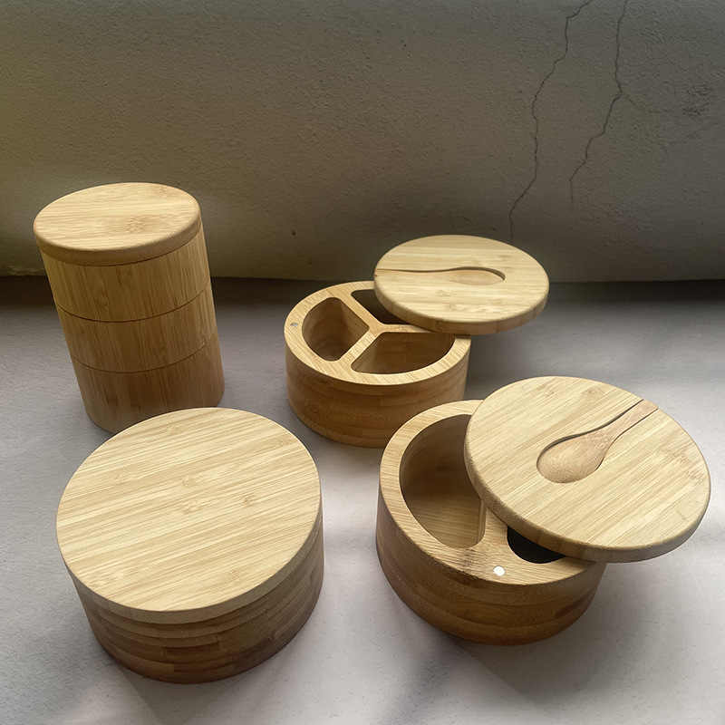 3 Compartment Round Salt Container Bamboo Salt Cellar Kitchen Spice Pepper Seasoning Salt Box with Swivel Magnetic Lid