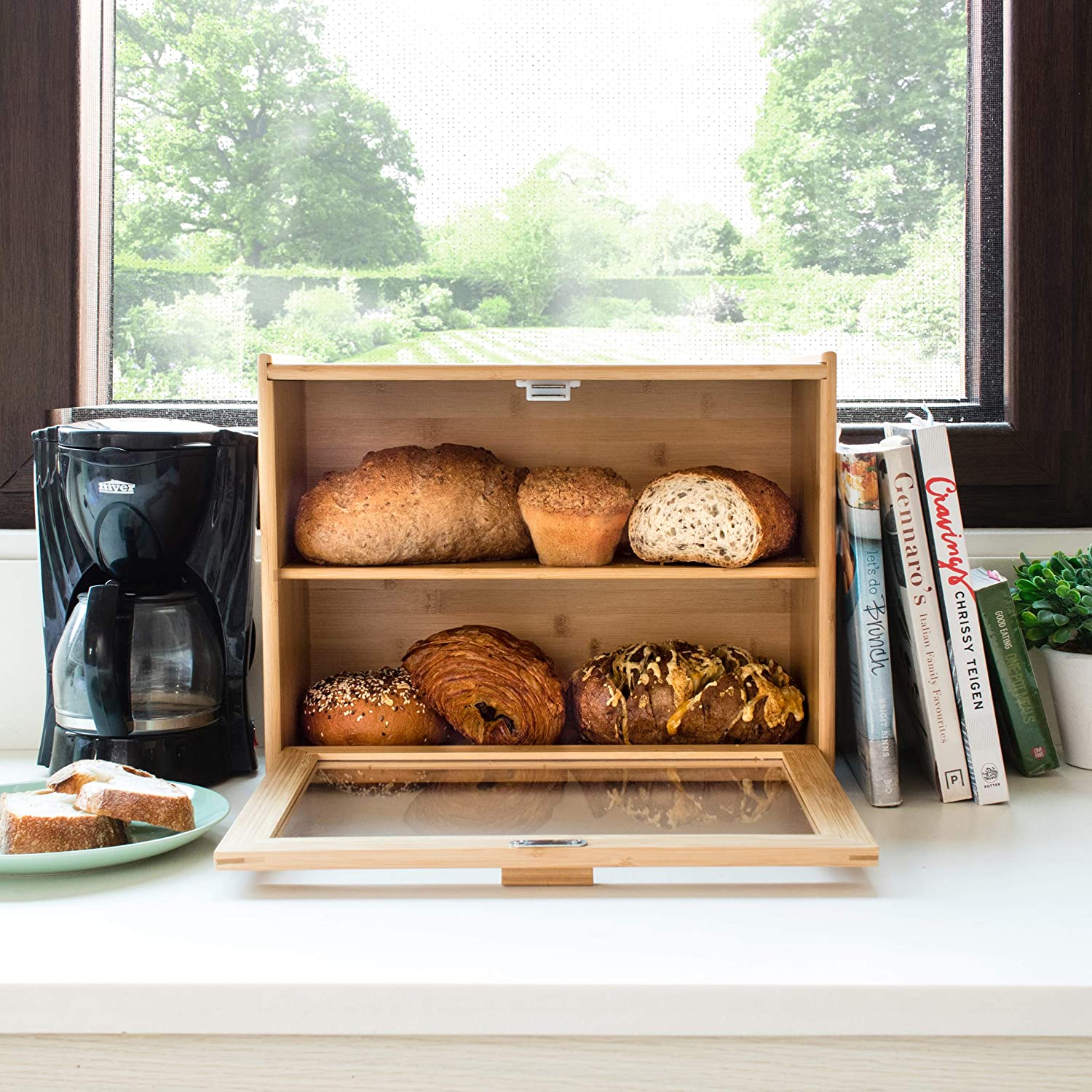Bamboo Bread Box with Clear Front Window Kitchen Large Bread Box 2 Layer Farmhouse Style Bread Bin for Counter