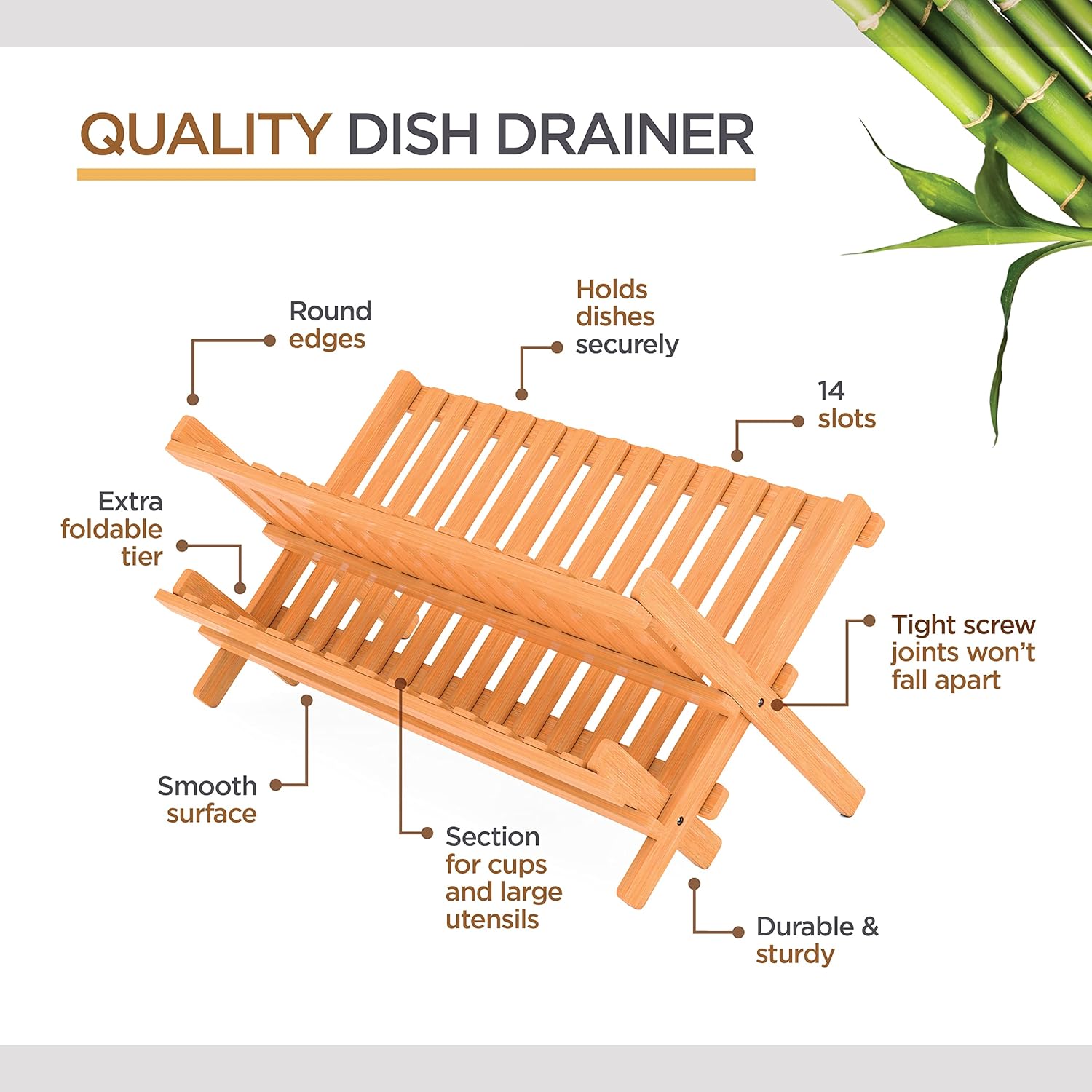 2-Tier Collapsible Bamboo Dish Drying Rack Foldable Space-Saving Kitchen Counter Wooden Drainer for Dishes Storage Holders Racks